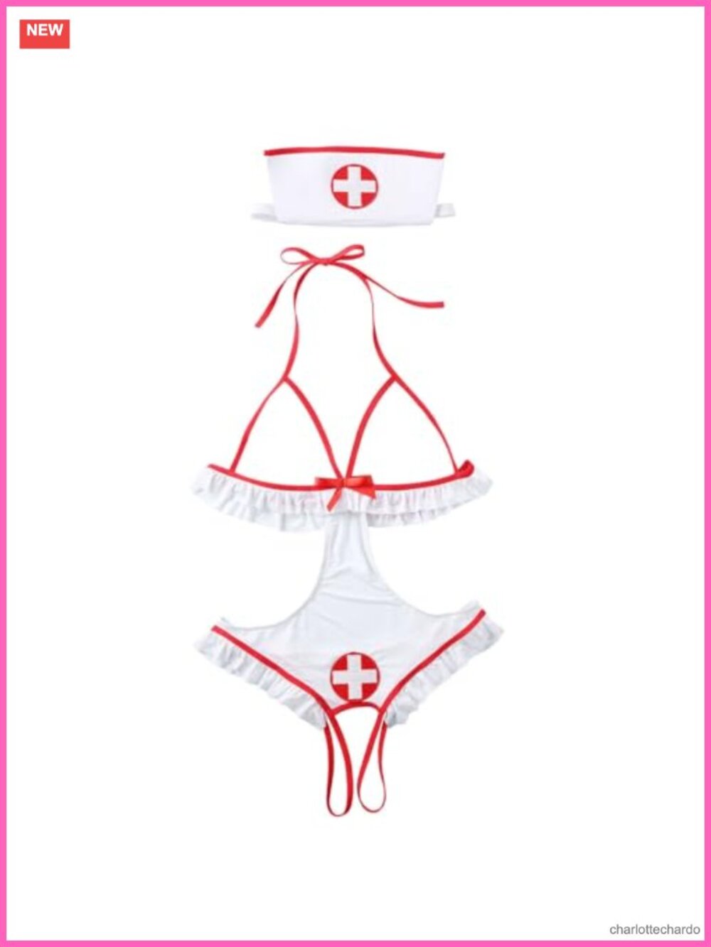 Sexy Nurse Costume Lingerie Set with Headband, 2 Pcs Halter Backless Teddy
